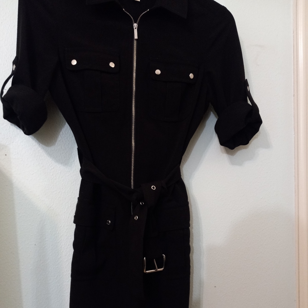 Michael Kors small, black zip up, knee length dress. Includes pockets and belt.